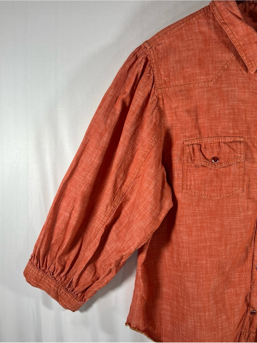 Ivy Jane Women's L Blouse Coral Orange Puff Sleeve Western Pearl Snap Shirt - Picture 4 of 12